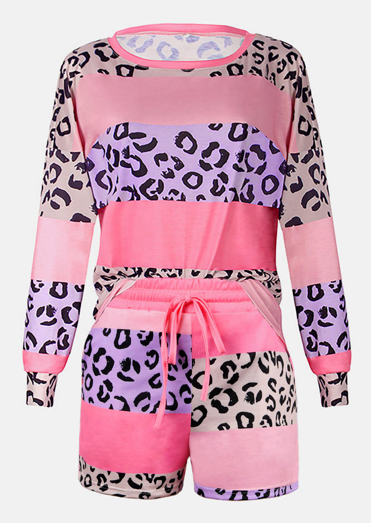 

Sleepwear Leopard Long Sleeve Blouse And Shorts Pajamas Set in Pink. Size