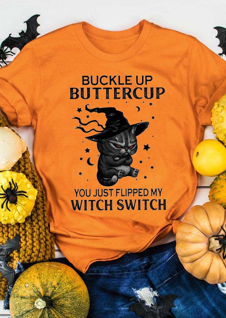 

T-shirts Tees Halloween Cat Buckle Up Butter Cup Witch Switch T-Shirt Tee in Orange. Size: ,M,L,XL