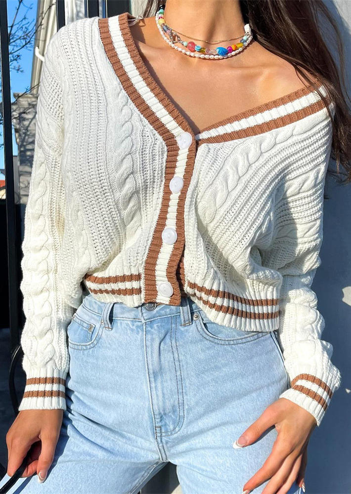 

Sweaters Button Striped Knitted Cardigan Sweater in White. Size: ,M,L