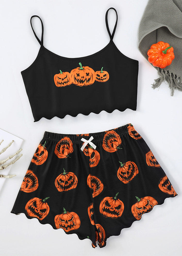 Sleepwear Pumpkin Camisole And Shorts Pajamas Set in Black. Size: L,M,S,XL