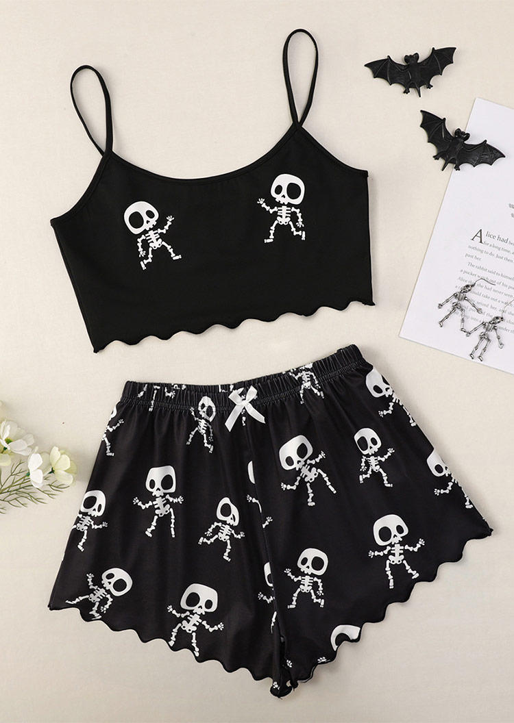 Sleepwear Halloween Dancing Skeleton Camisole And Shorts Pajamas Set in Black. Size: M