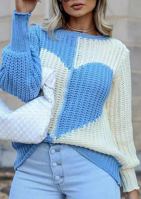 

Sweaters Color Block Heart Long Sleeve Knitted Sweater in Blue. Size: ,M,L,XL
