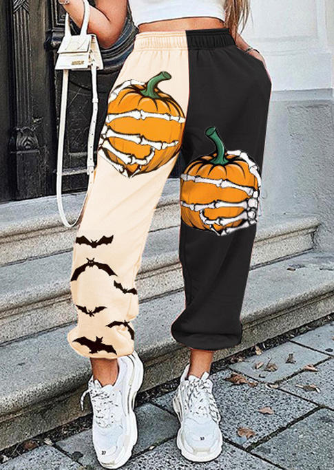 Pants Pumpkin Bat Skeleton Sweatpants - Beige in Apricot. Size: L,M,S,XL