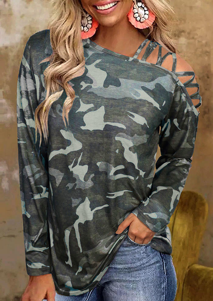 Blouses Camouflage Criss-Cross One Sided Cold Shoulder Blouse in Multicolor. Size: 3XL