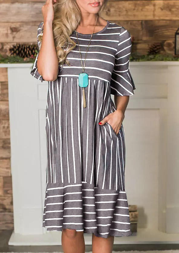 Mini Dresses Striped Pocket Flare Sleeve Midi Dress in Multicolor. Size: M