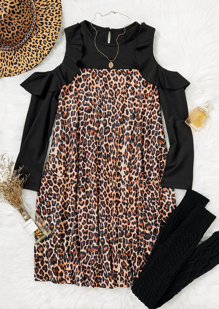 Mini Dresses Leopard Pocket Cold Shoulder Mini Dress in Multicolor. Size: L,M,S,XL