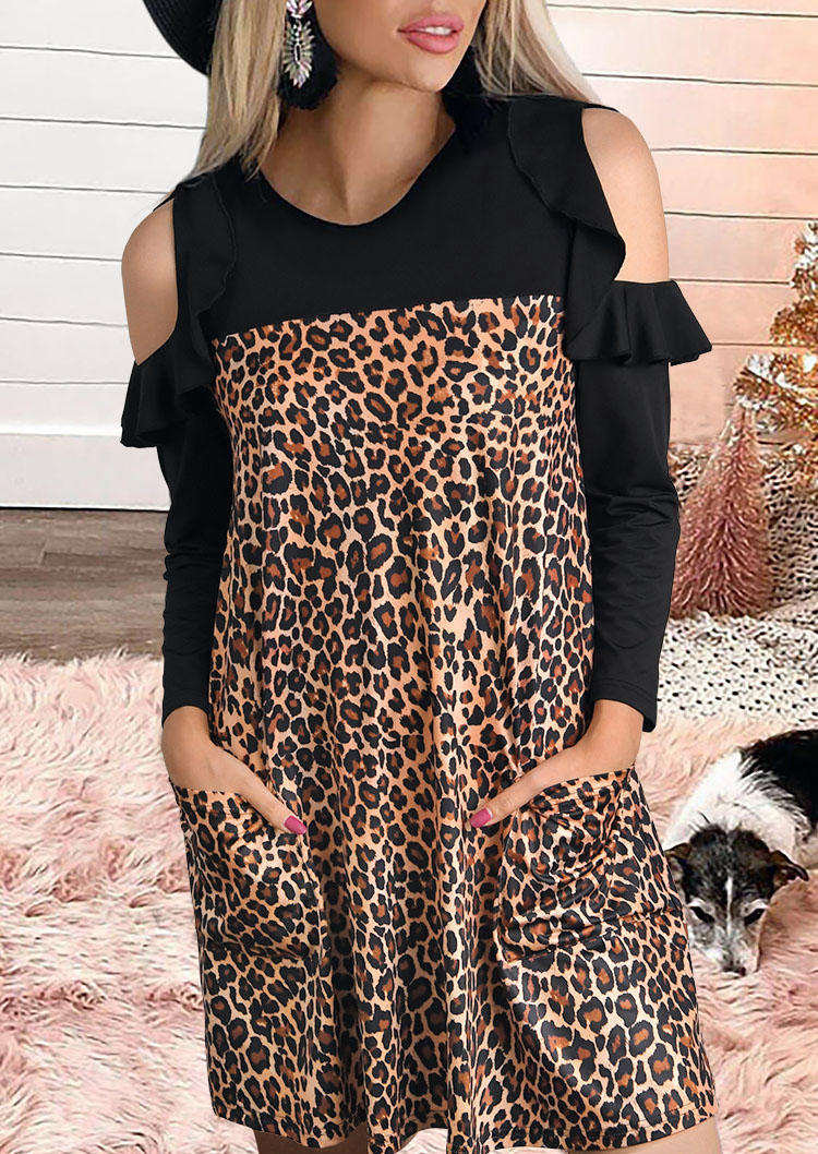 Leopard Pocket Cold Shoulder Mini Dress