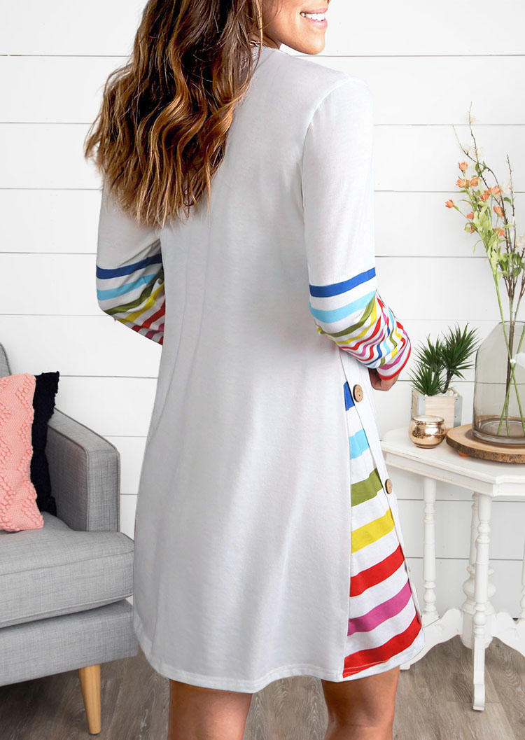 Mini Dresses Colorful Striped Splicing Button Mini Dress in White. Size: L,M,S,XL