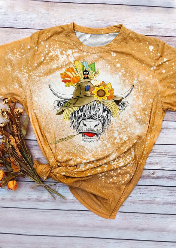 T-shirts Tees Steer Skull Floral Bleached T-Shirt Tee in Yellow. Size: S,M,L
