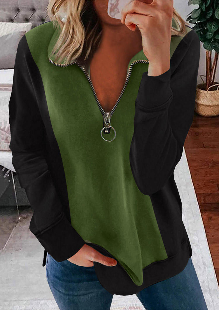 

Blouses Zipper Color Block Pullover Blouse in Army Green. Size