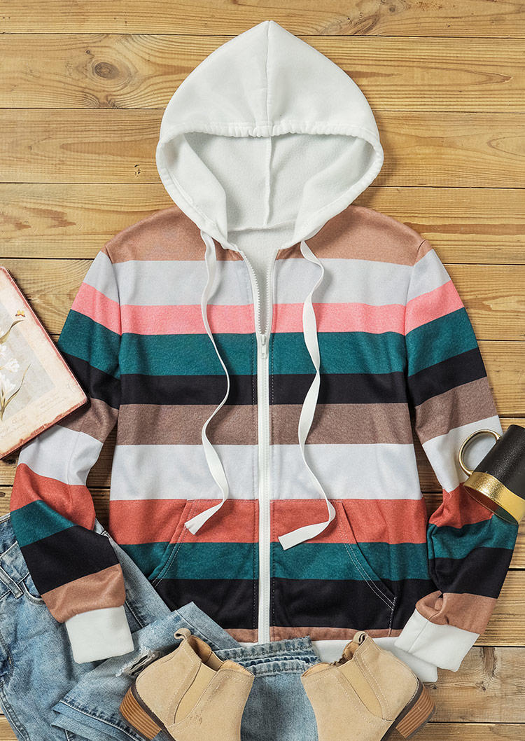 Coats Color Block Striped Pocket Drawstring Hooded Coat in Multicolor. Size: S