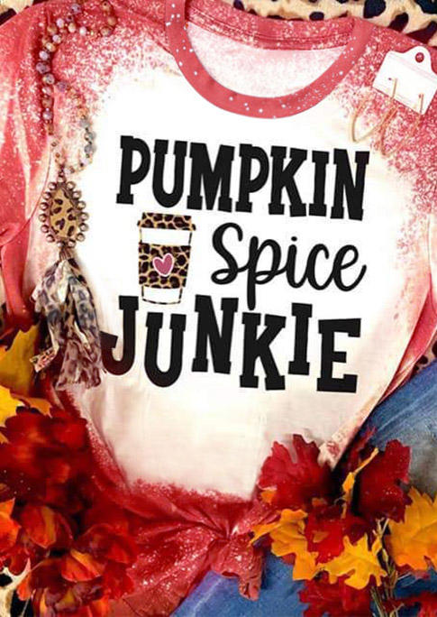 T-shirts Tees Pumpkin Spice Junkie Leopard Bleached T-Shirt Tee in Red. Size: M,S