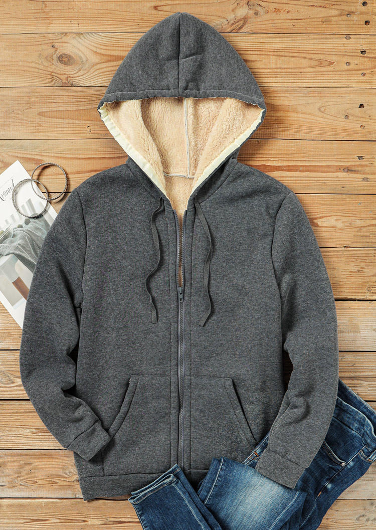 

Coats Warm Fleece Pocket Zipper Hooded Coat in Gray. Size