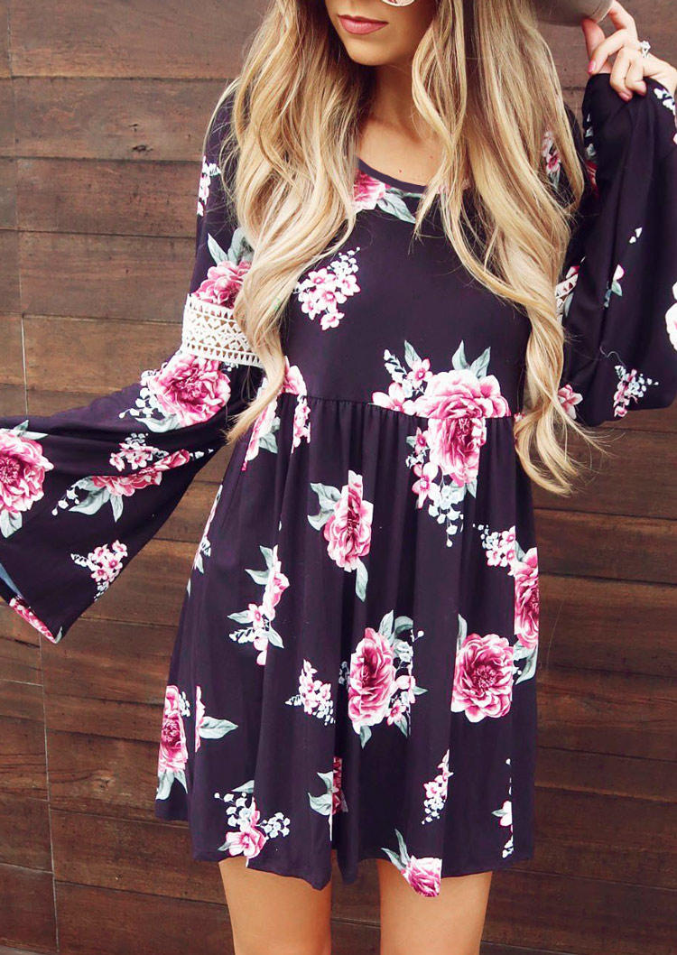 Lace Floral Splicing Flare Sleeve Mini Dress