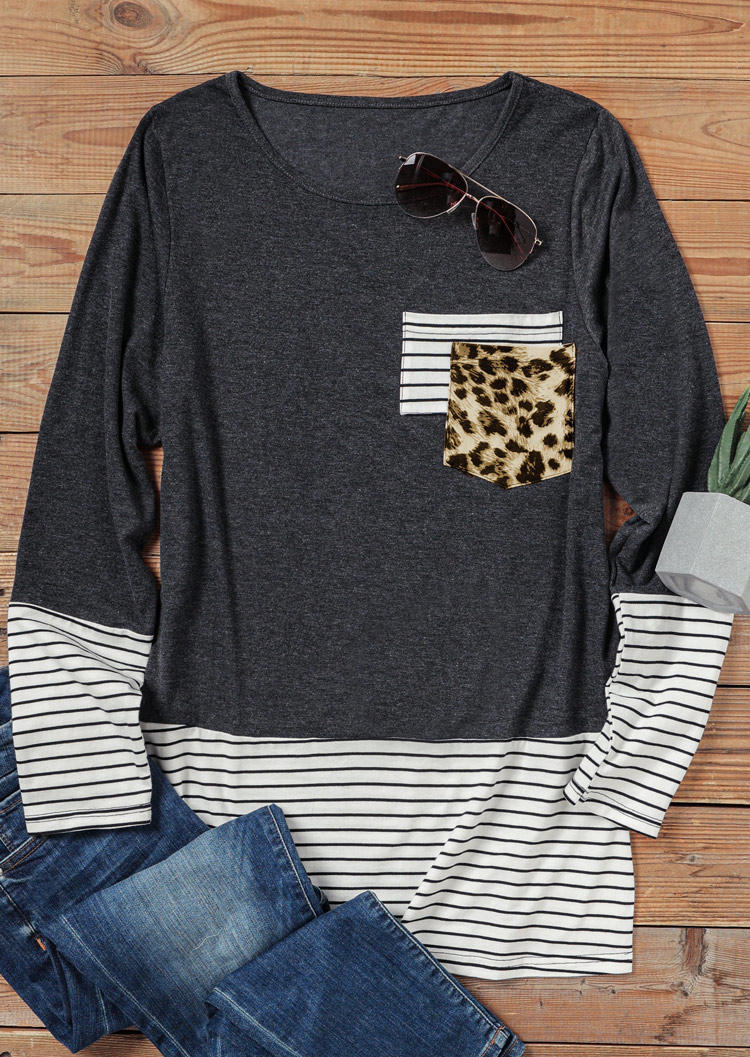 

Blouses Striped Leopard Splicing Pocket Blouse in Dark Grey. Size