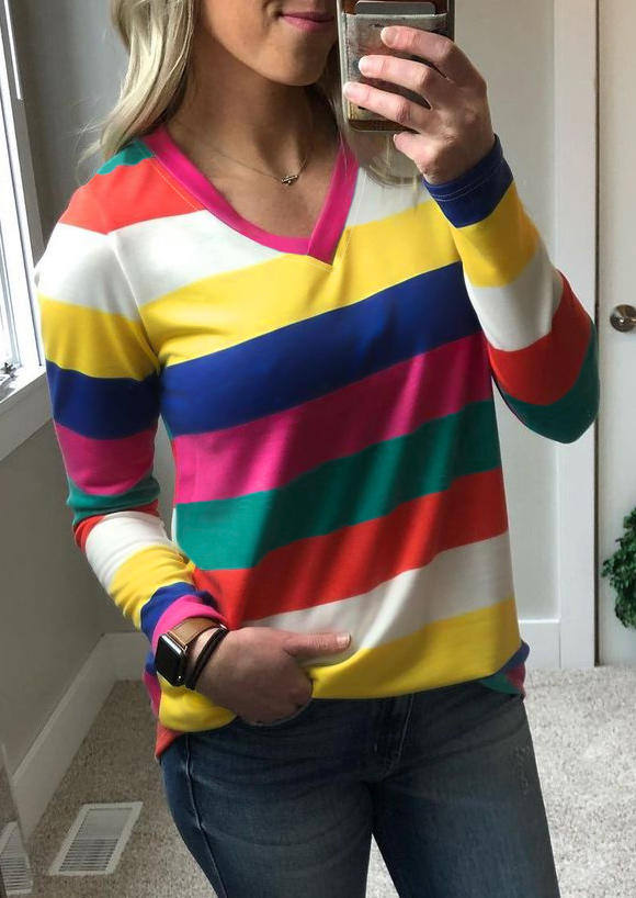 Colorful Striped V-Neck Long Sleeve Blouse