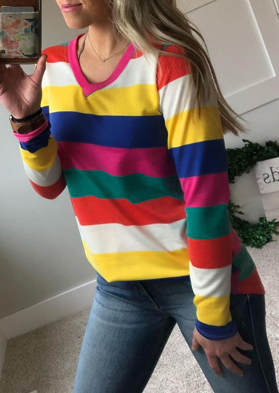 Blouses Colorful Striped V-Neck Long Sleeve Blouse in Multicolor. Size: L,M,S,XL