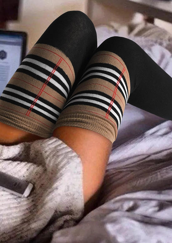 

Knee-High Socks Striped Color Block Thigh-High Socks in Gray,Coffee. Size