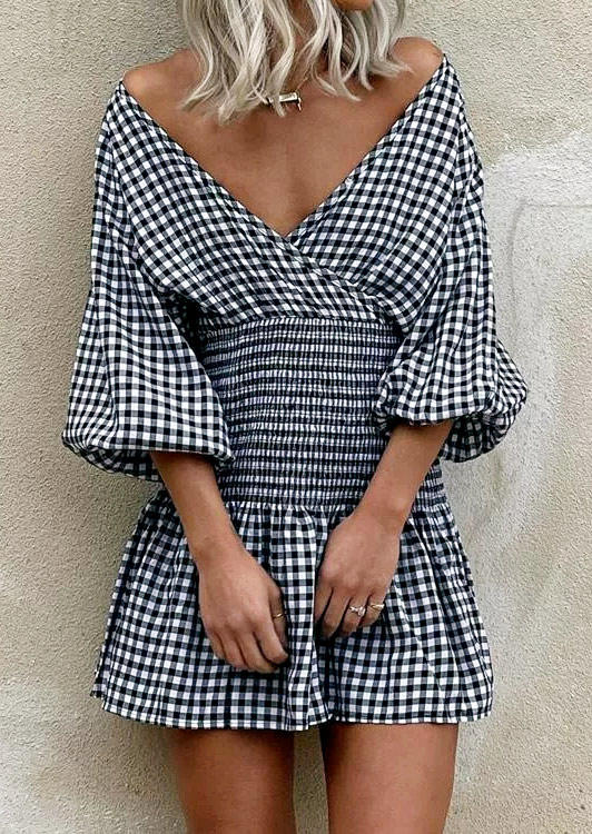 

Mini Dresses Plaid Wrap Smocked Waist Lantern Sleeve Mini Dress in Black. Size