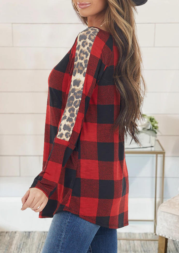 

Blouses Plaid Splicing Leopard Long Sleeve Blouse in Red. Size: L,M
