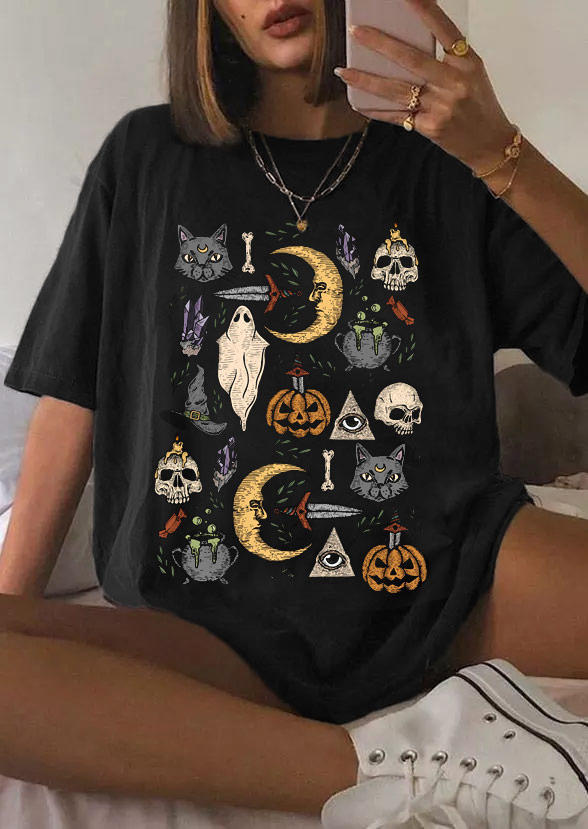 Pumpkin Face Skeleton Ghost T-Shirt Tee - Black
