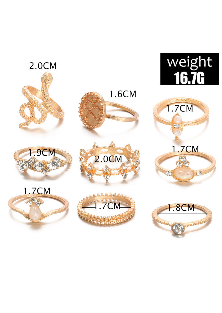 

Rings 9Pcs Snake Geometric Alloy Ring Set in Gold. Size