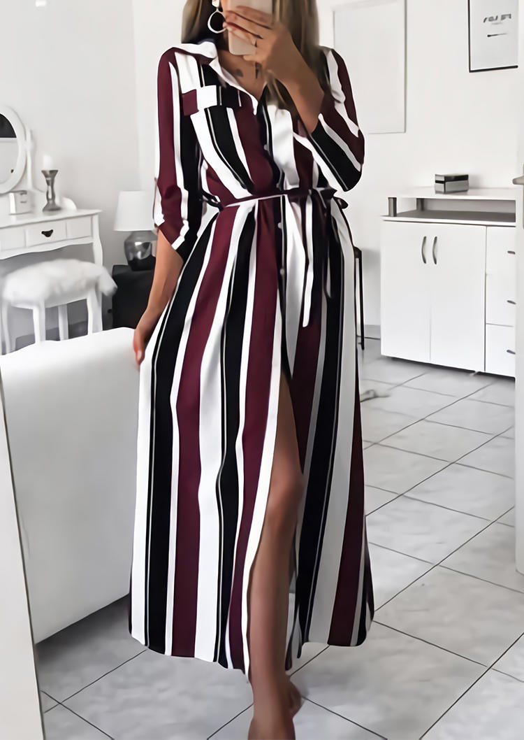 Maxi Dresses Striped Slit Turn-down Collar Maxi Dress in Stripe. Size: S,M,XL