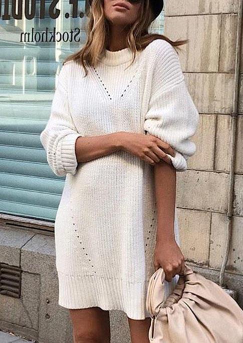 

Mini Dresses Long Sleeve O-Neck Sweater Mini Dress in White. Size: ,M,L