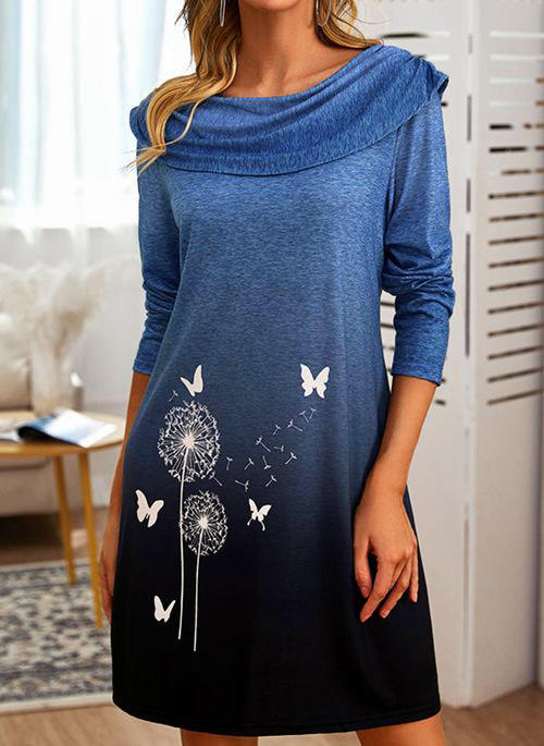 Butterfly Dandelion Gradient Turn-down Collar Mini Dress - Blue