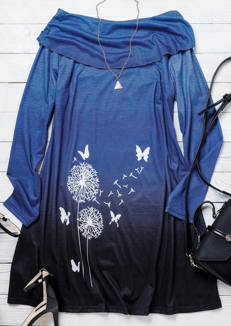 Butterfly Dandelion Gradient Turn-down Collar Mini Dress - Blue