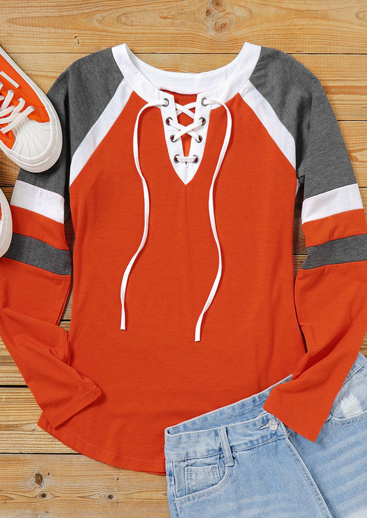 

Blouses Striped Lace Up Raglan Sleeve Blouse in Orange. Size