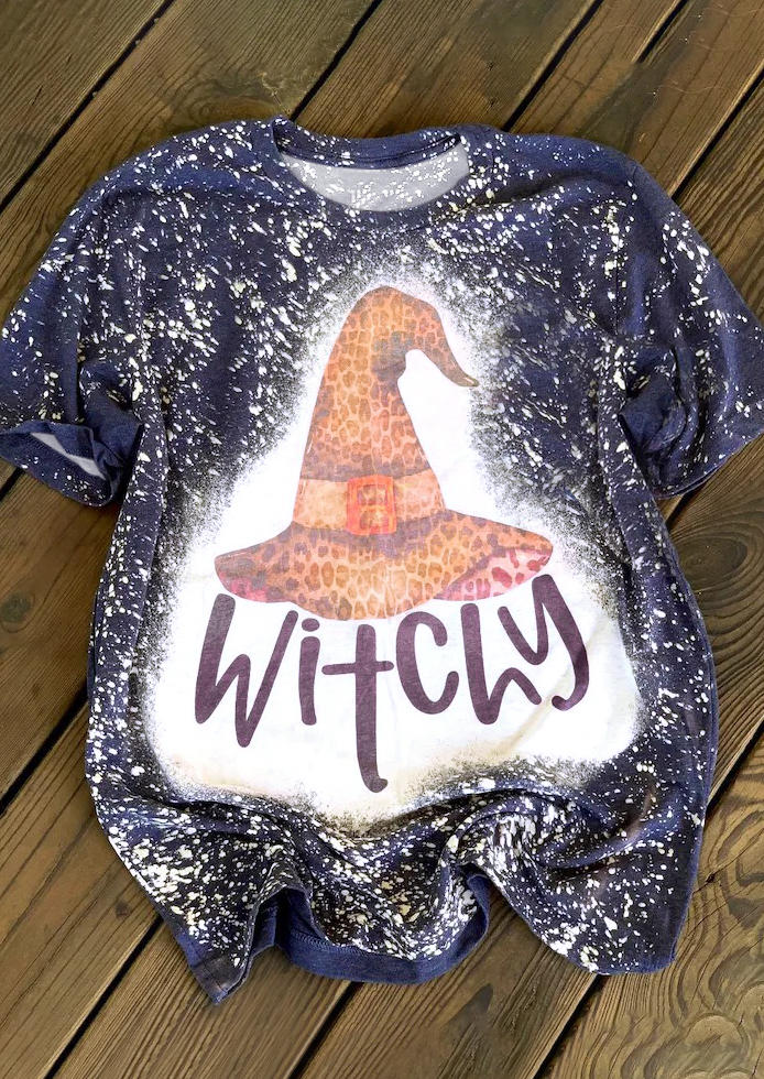 Witchy Hat Bleached T-Shirt Tee - Blue