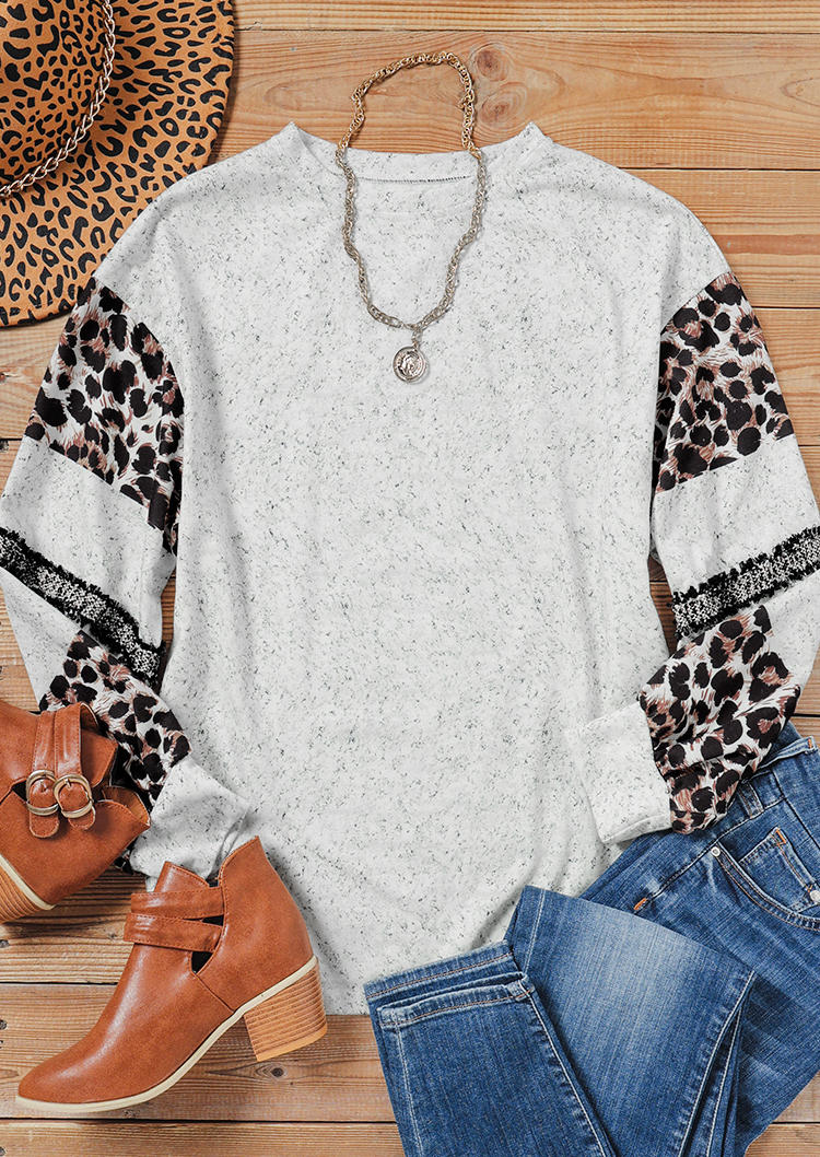 

Sweatshirts Leopard Splicing Long Sleeve Sweatshirt in Light Grey. Size