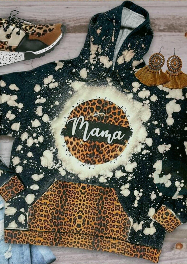 

Hoodies Mama Leopard Kangaroo Pocket Splicing Bleached Hoodie in Multicolor. Size: ,M