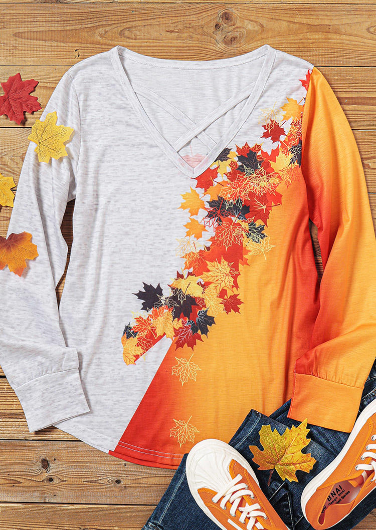 Blouses Thanksgiving Maple Leaf Criss-Cross Blouse in Multicolor. Size: S,XL