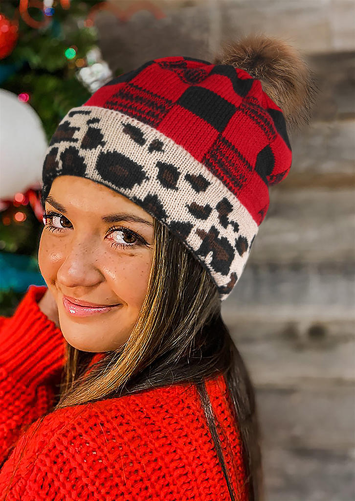 

Hats Plaid Leopard Knitted Warm Bonnet Beanie Hat in Red. Size