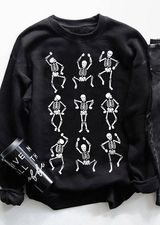 Halloween Skeleton Long Sleeve O-Neck Sweatshirt - Black