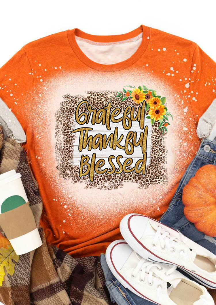 Grateful Thankful Blessed Leopard Sunflower T-Shirt Tee - Orange