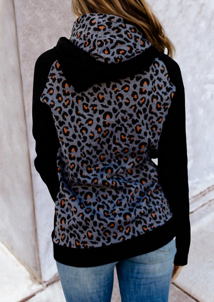 Hoodies Leopard Zipper Kangaroo Pocket Splicing Hoodie in Black. Size: M,S