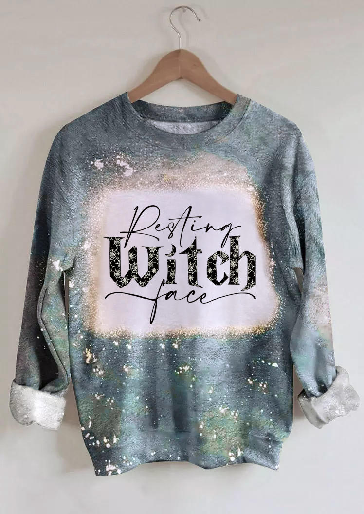 Sweatshirts Resting Witch Face Bleached Long Sleeve Sweatshirt in Green. Size: S,M,L,XL