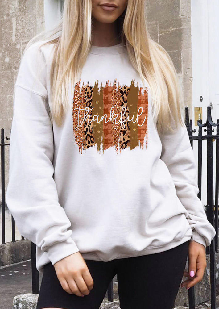 

Sweatshirts Thankful Leopard Plaid Pullover Sweatshirt in White. Size: ,M,L,XL