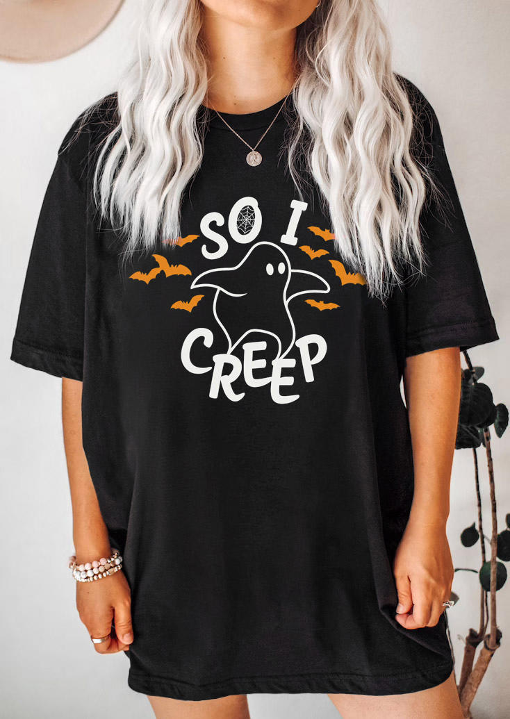

T-shirts Tees Halloween So I Creep Ghost Bat T-Shirt Tee in Black. Size: ,M,L,XL