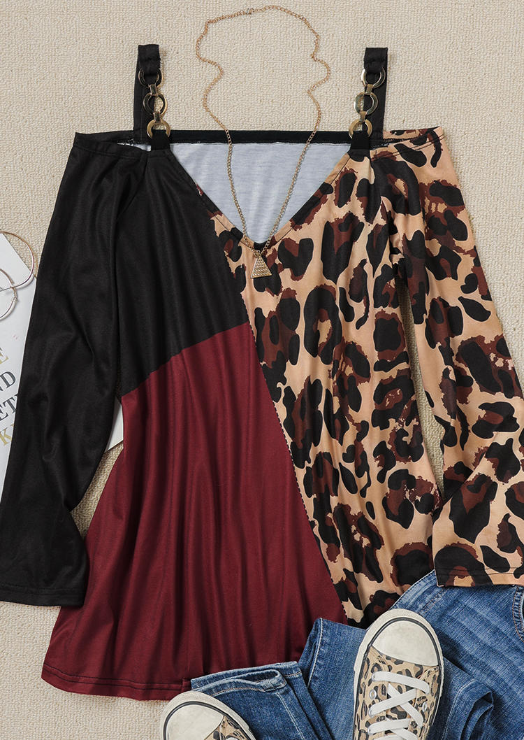 

Blouses Leopard Color Block Metal Chain Strap Blouse in Multicolor. Size