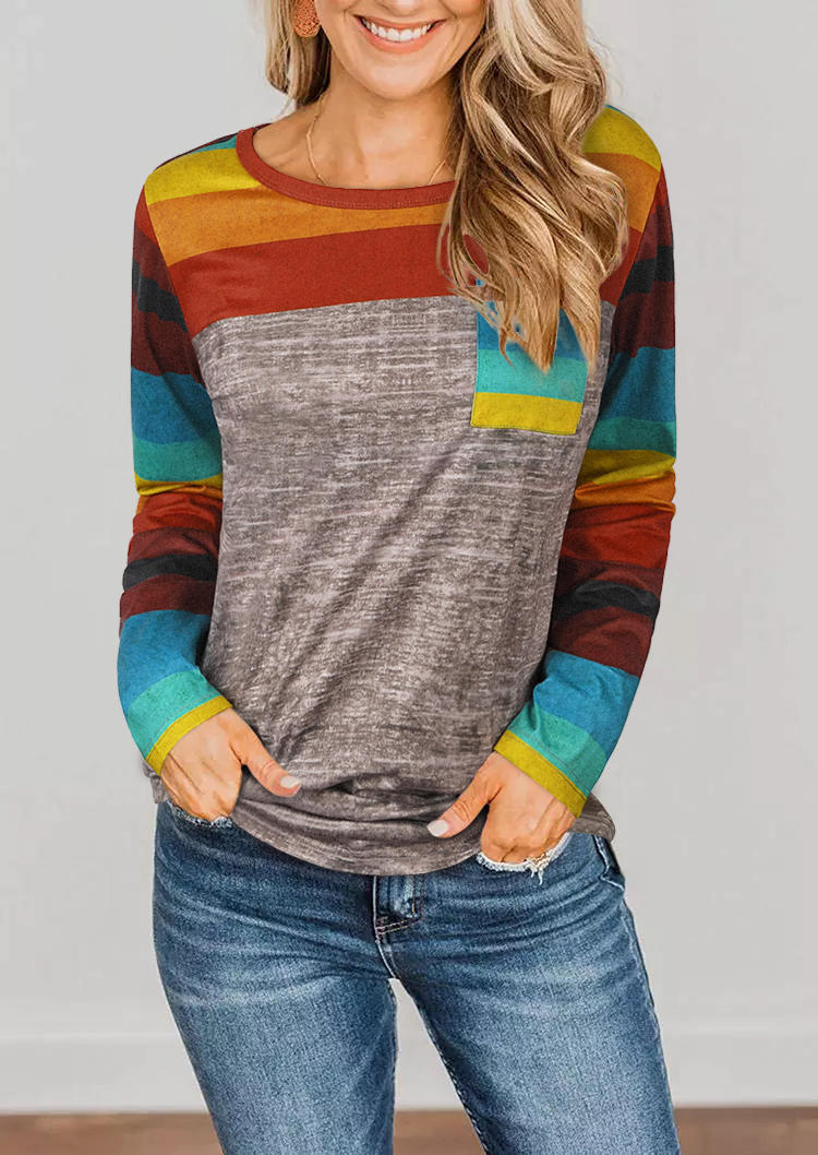 Blouses Colorful Striped Pocket Casual Blouse in Multicolor. Size: L,M,S