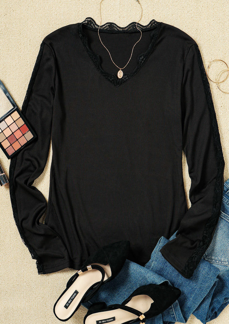 Blouses Lace Mesh Long Sleeve Blouse in Black. Size: M