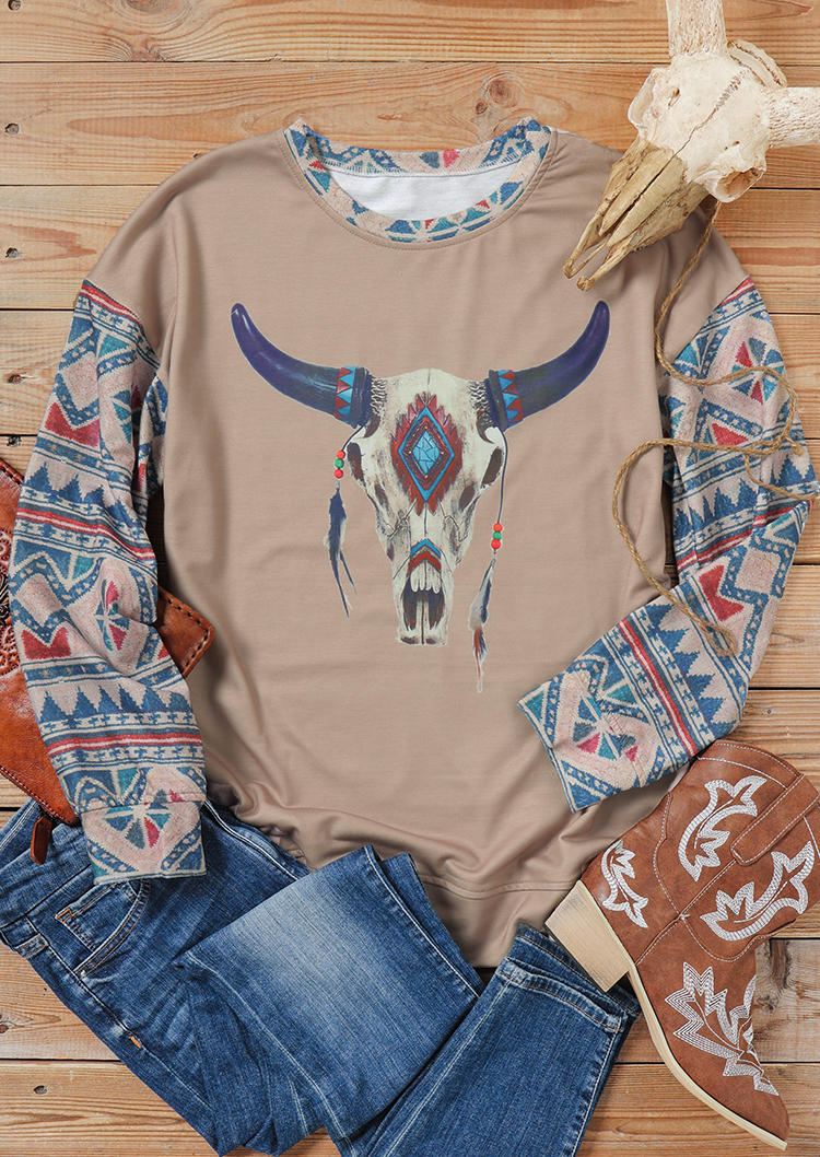 

Sweatshirts Steer Skull Aztec Geometric Feather Sweatshirt in Khaki. Size