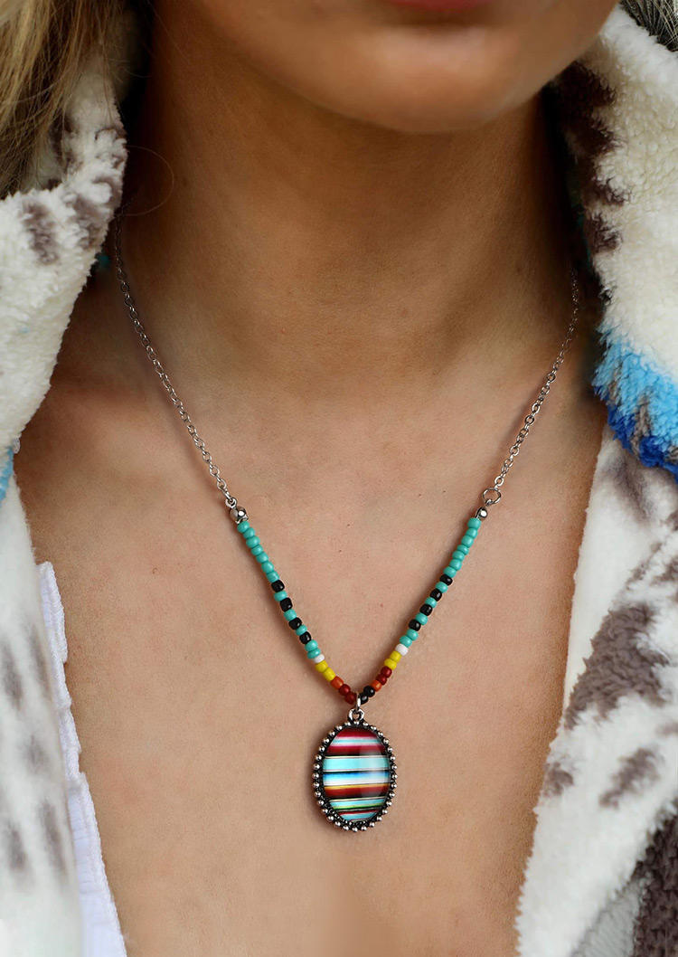 

Necklaces Serape Striped Colorful Beading Oval Pendant Necklace in Multicolor. Size