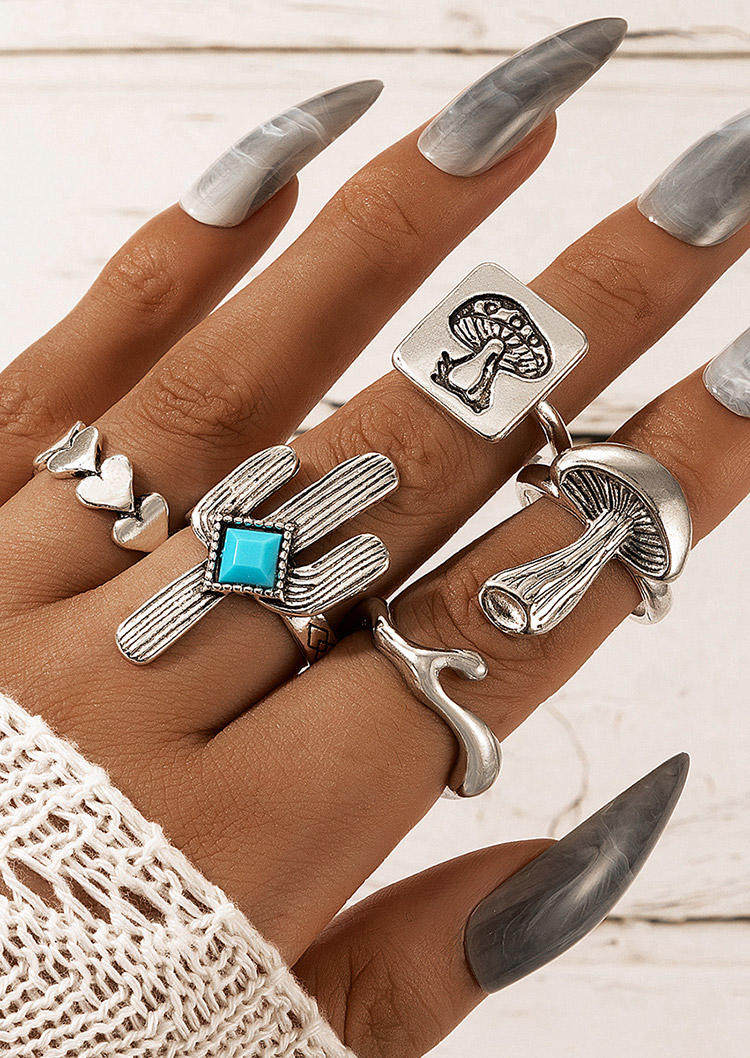 

Rings 5Pcs Mushroom Cactus Heart Ring Set in Silver. Size