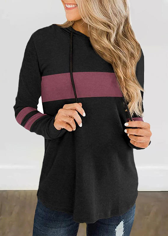 

Blouses Color Block Long Sleeve Hooded Blouse in Black. Size
