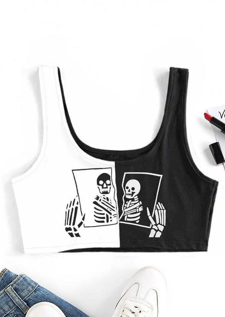 

Crop Tops Halloween Color Block Skeleton Crop Tank Top in Black. Size: ,M,L,XL